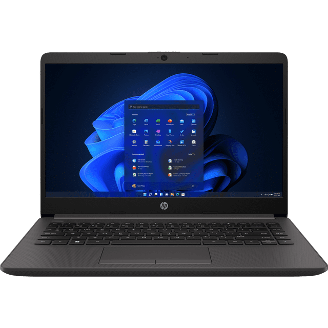 laptop hp 240 g8 intel celeron n4020 ram 4gb dd 500gb 14" Vista frontal centrada de la laptop HP 240 G8 en negro con pantalla HD de 14 pulgadas, teclado completo y panel táctil; cámara HD 720p visible en el marco superior y biseles delgados. Chasis ligero con acabado texturizado, adecuada para trabajo móvil, estudio y entretenimiento portátil.