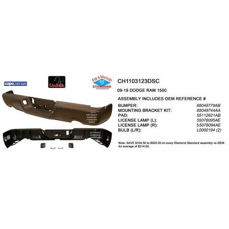 REAR STEP BUMPER ASSEMBLY; BLACK/PAINT TO MATCH FINISH; FOR 1500 MODELS WITH DUAL EXHAUST; WITHOUT PARK ASSIST SENSOR HOLES; INCLUDES