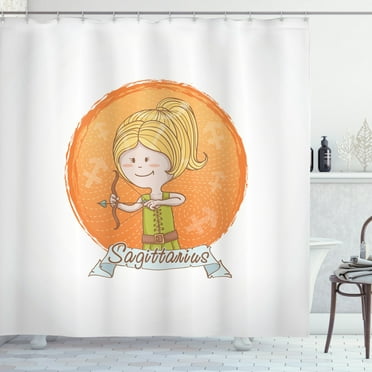 Zodiac Sagittarius Shower Curtain, Cartoon Style Girl on a Warm Colored Background with Lines Zodiac Banner, Fabric Bathroom Set with Hooks, 69W X 84L Inches Extra Long, Multicolor, by Ambesonne