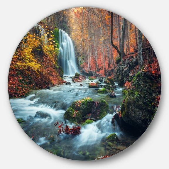Designart 'Autumn Mountain Waterfall Long View' Landscape Photography Circle Metal Wall Art