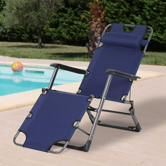 Outsunny Tanning Chair, 2-in-1 Beach Lounge Chair & Camping Chair w/ Pillow & Pocket, Adjustable Chaise for Sunbathing Outside, Patio, Poolside, Navy