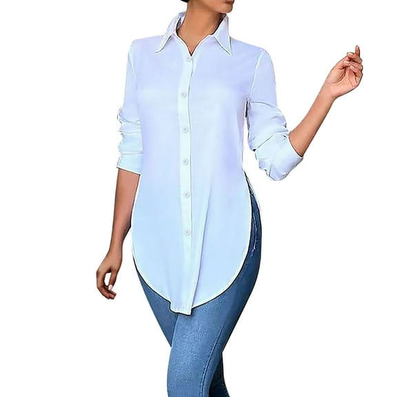 Long Sleeve Shirts for Women, Women's Collar Neck Button Down Long Sleeve Slit Side Long Shirt Work Blouse Top