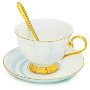 3-Piece Blue Marble Tea Cup and Saucer Gift Set for 1, 7 oz Teacup with Gold Spoon