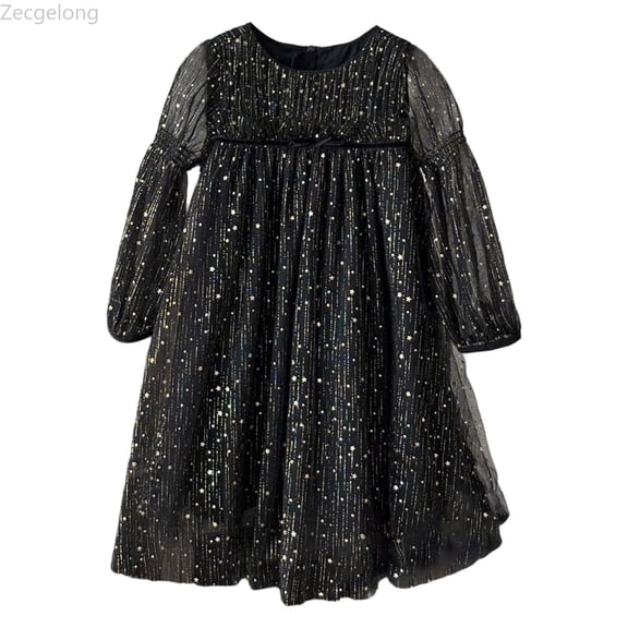 Zecgelong Toddler Girls Long Sleeve Star Moon Sequin Dress Dance Party Dresses Clothes Girls Birthday Dresses Size 2-3 Years Black
