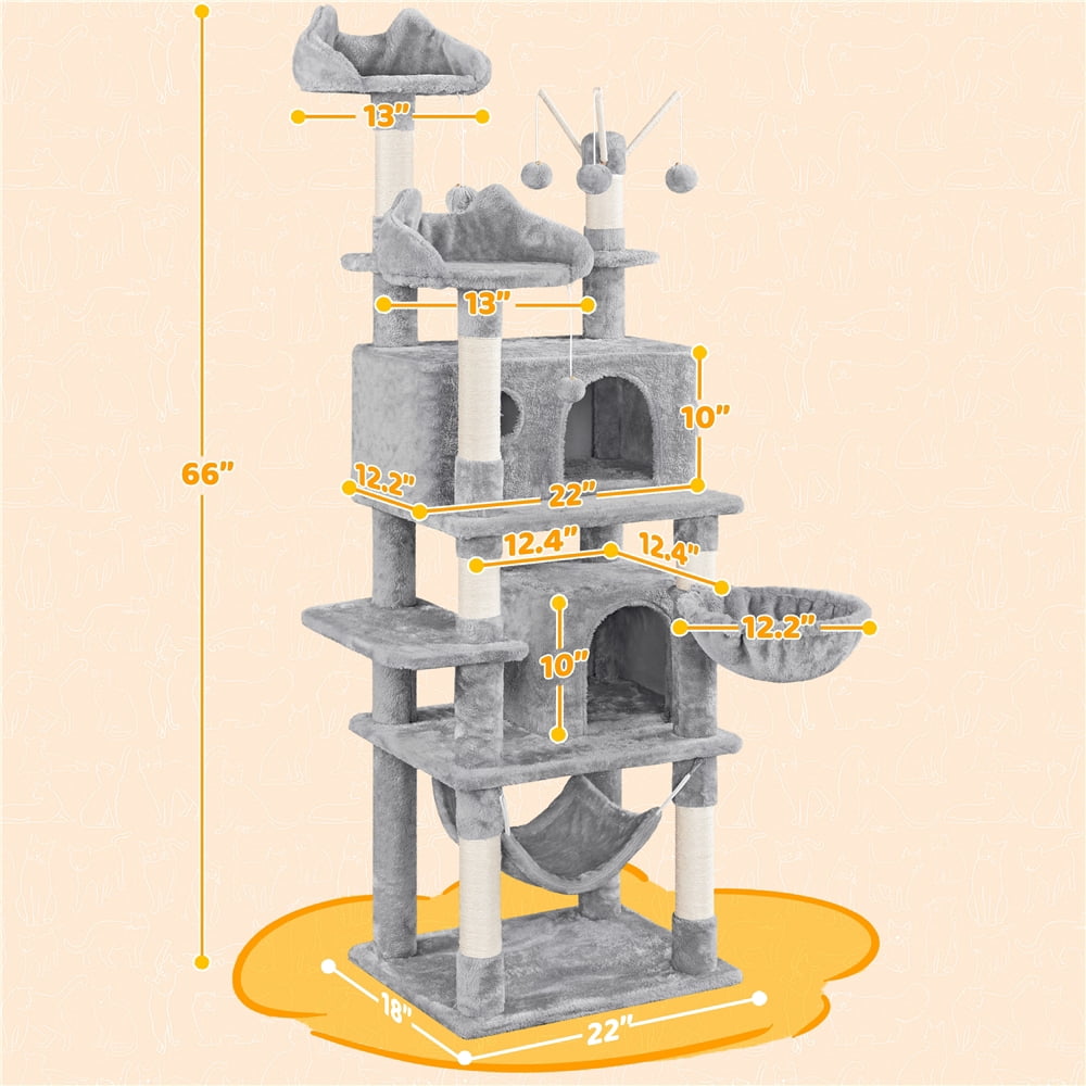 Yaheetech 67.1" H Large Cat Tree with 2 Big Condos and 1 Basket, Light Gray