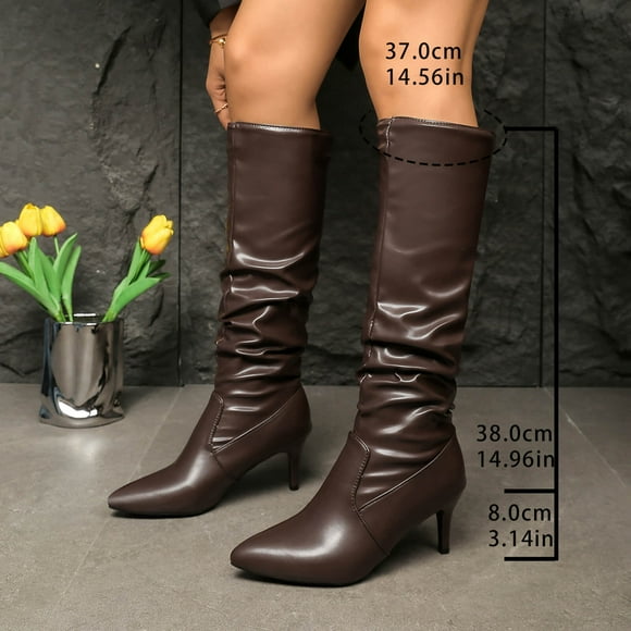 EYWGYA Women's Knee-High Boots,Women High Heel Boots,Fashion Casual Winter Long Pleated Slouch Boots Pointed Toe Solid Color High Heel Knee-High Boots