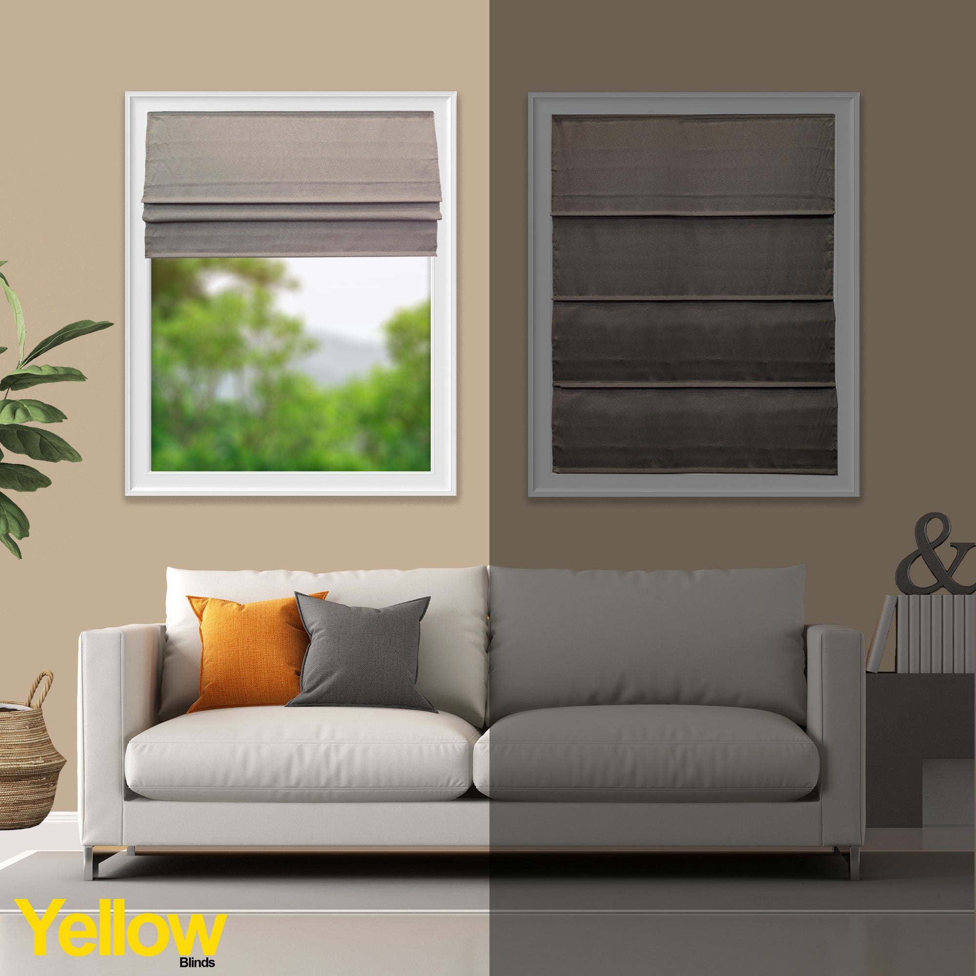 Yellow Blinds Cordless Light Filtering Roman Shade, Riverside Dark Elm - 48"W X 72"H