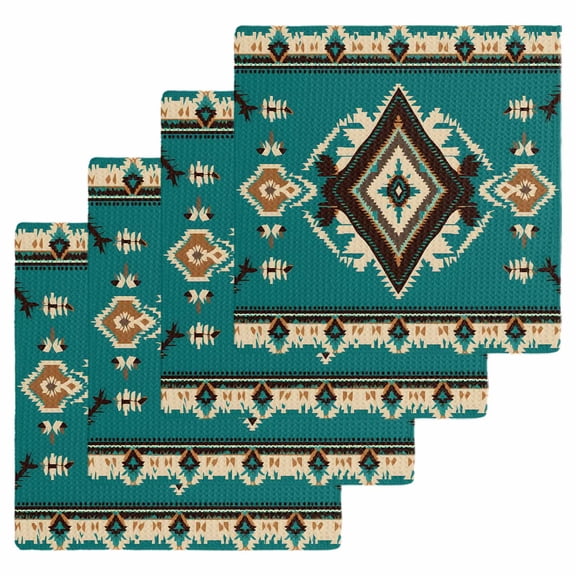 Green Southwestern Kitchen Dish Towels for Drying Dishes Set of 4, Vintage Boho Ethnic Geometric Waffle Weave Microfiber Hand Tea Bathroom Towels Quick Dry & Absorbent Towel 12x12