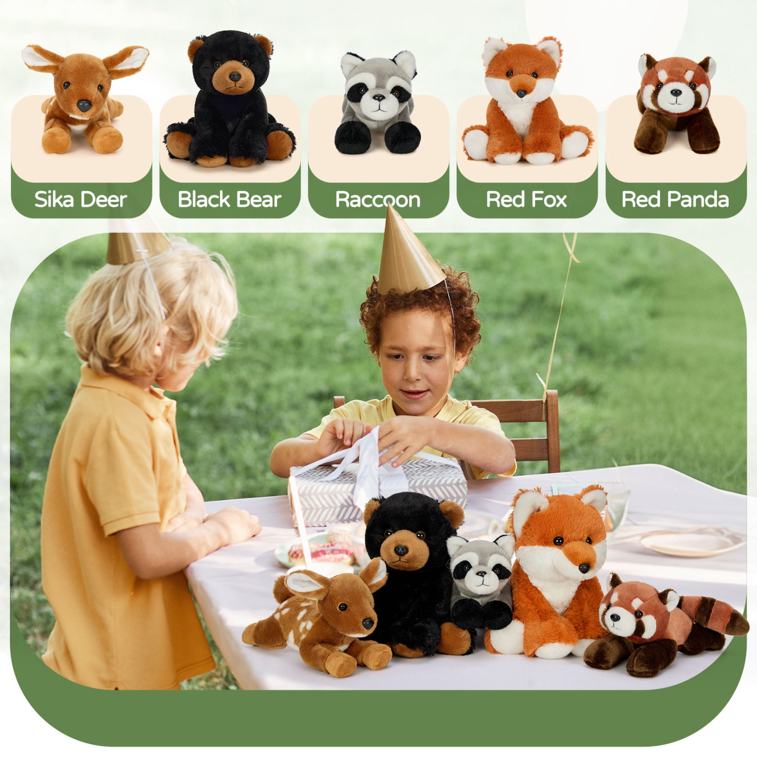 Muiteiur 5 Pieces Woodland Stuffed Animals Bulk Stuffed Animals Plush Toy(Bear/Fox/Sika Deer/Raccoon/Red Panda)