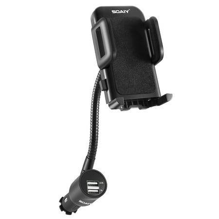 SOAIY 3-In-1 Car Phone Holder, Cell Phone Holder for Car Cigarette Lighter Phone Mount Cradle with Dual USB 3.1A Charger and Voltage Detector for iPhone8 X 7 6s 6 5s Samsung S8 S7 S6