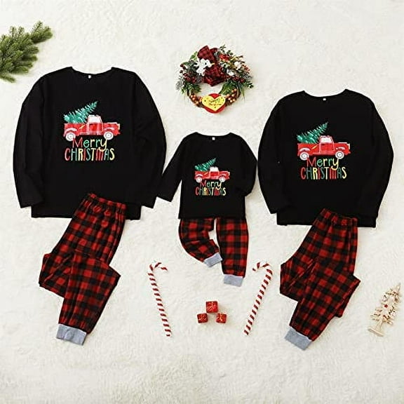 GRNSHTS Christmas Family Matching Black Top and Plaid Pants Pajamas Sets,Merry Christmas,2-Piece,Sizes For Kids Adult,Unisex (Kids ,3-4T)