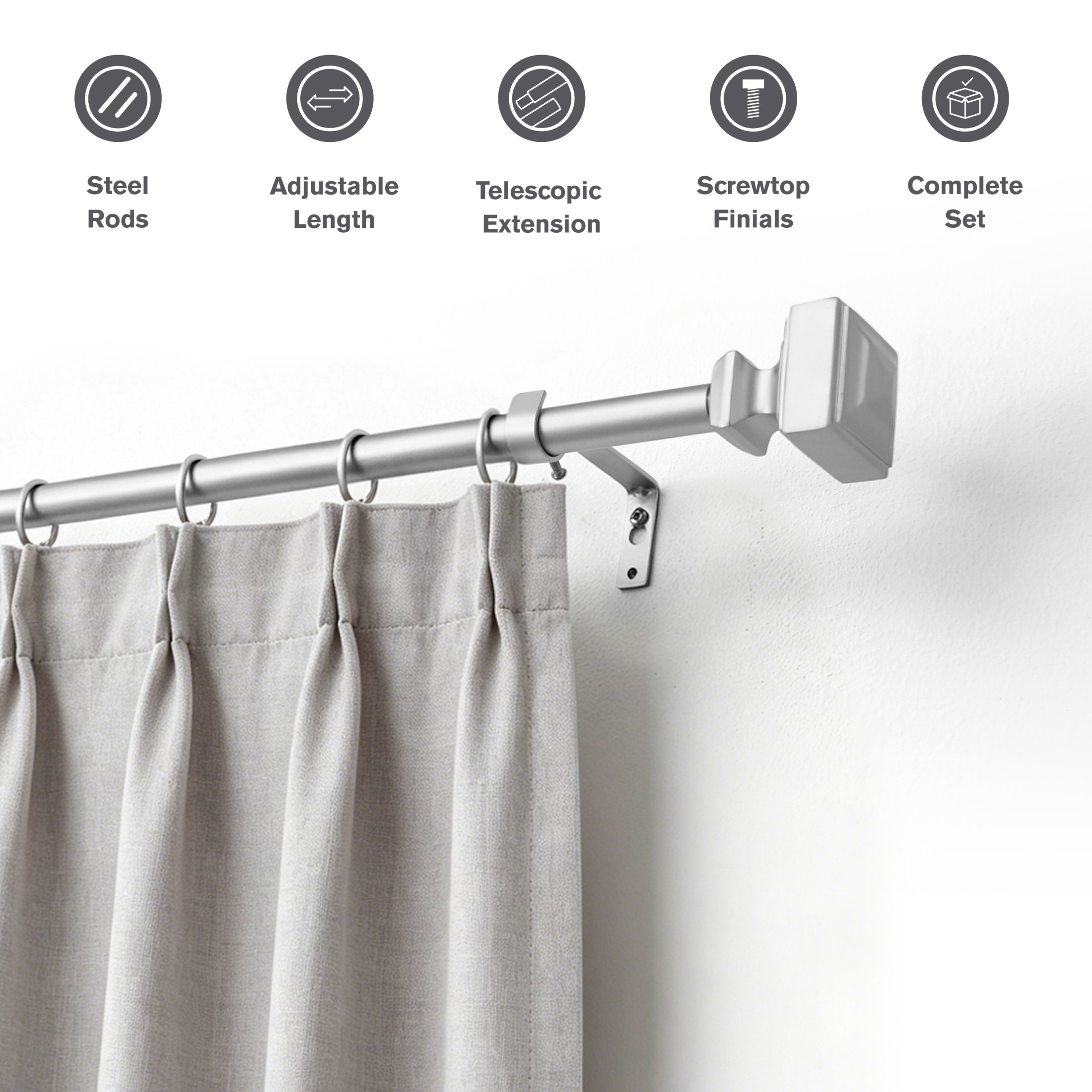 Brookstone Square 3/4" Adjustable Double Curtain Rod Set with Finials 48" - 84" Silver