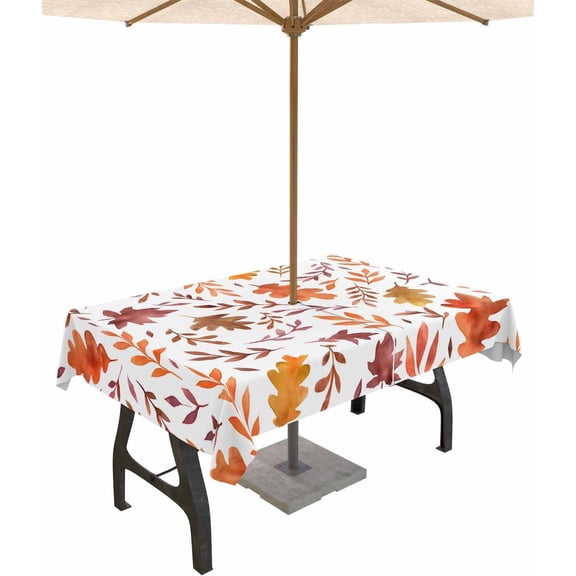 Fall Outdoor Tablecloth with Umbrella Hole and Zipper Autumn Maple Leaves Tablecloths 60x84 Inch Waterproof Table Cloths Red Orange Leaf Thanksgiving Patio Table Cover for Outdoor Tables BBQS Party