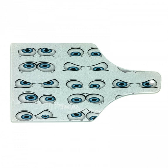 Eye Cutting Board, Cartoon Style Eyes Various Different Expressions Emoticons Humorous Funny, Tempered Glass Cutting and Serving Board, Wine Bottle Shape, Pale Blue Black White, by Ambesonne