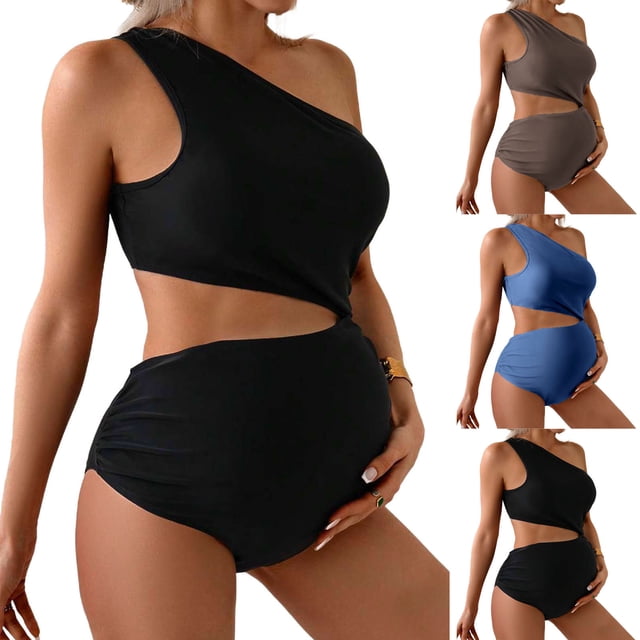 Sentmoon Maternity One Piece Swimsuit Spaghetti Strap Bikini Set Maternity Solid Color Romantic Off-One Shoulder Backless Bikini Drawstring Style Loose One Shoulder Strap Swimsuit Coffee L