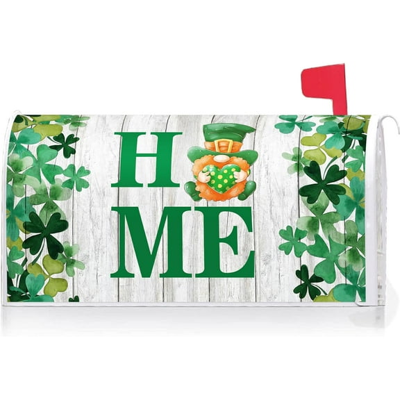 Home Gnome Shamrock Decoration St.Patricks Day Mailbox Cover with Magnetic Strip Holiday Mailbox Wraps Post Letter Box Cover Standard Size 21" X 18" for Garden Outdoor Yard Decor