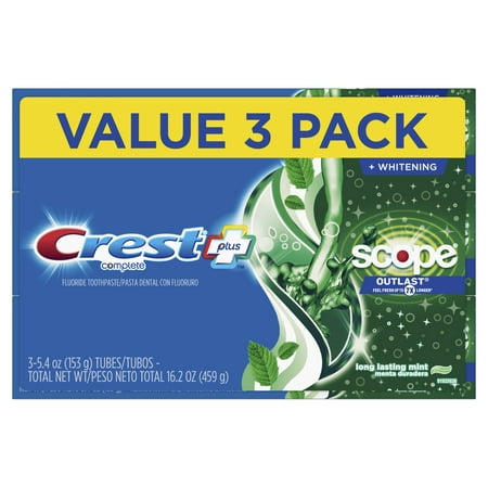 Crest + Scope Outlast Complete Whitening Toothpaste, Mint, 5.4 oz, Pack of
