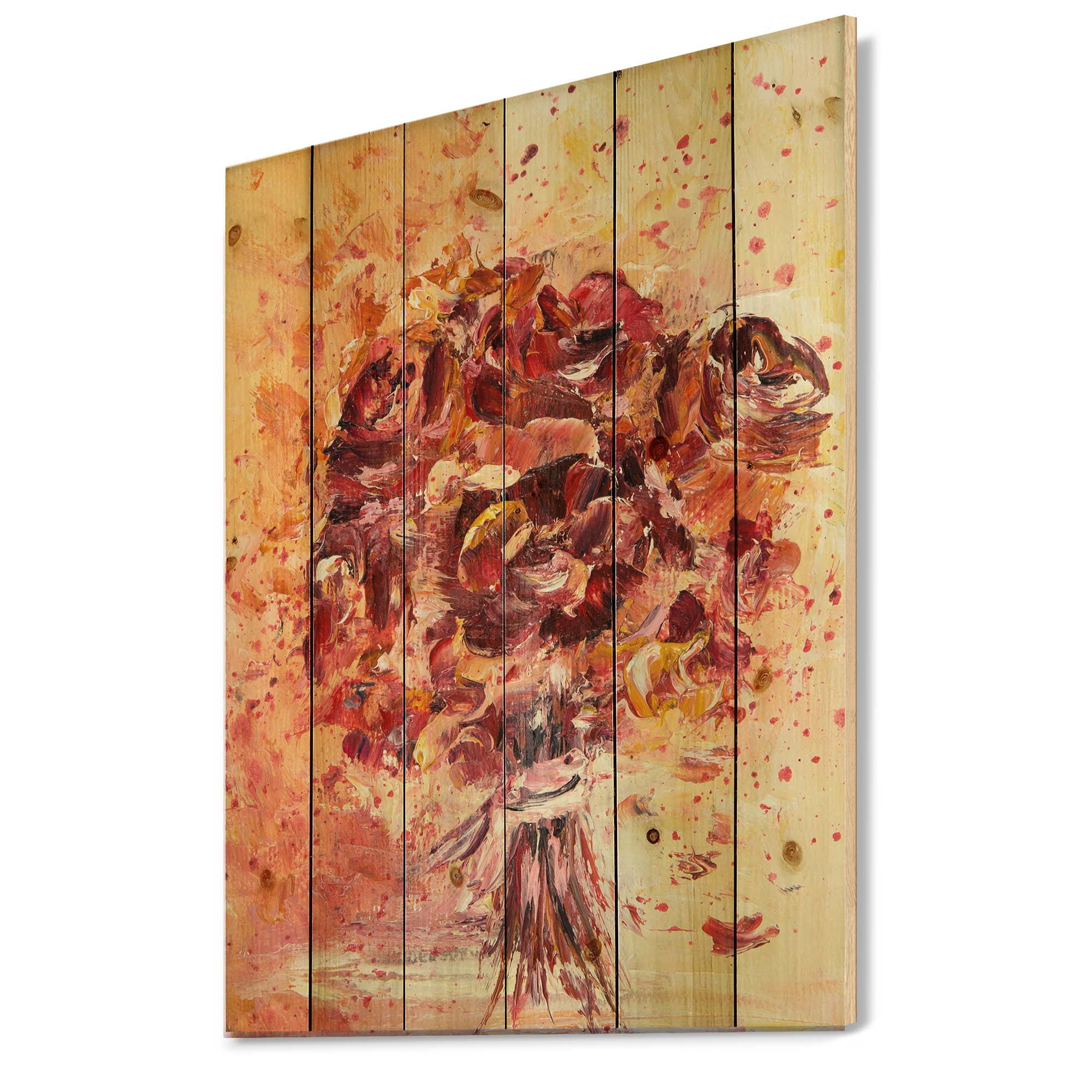 Designart 'Ancient Red Fresh Flowers Bouquet' Traditional Print on Natural Pine Wood