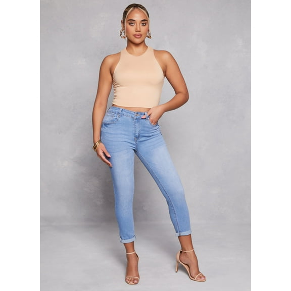 Womens WAX High Waist Rolled Cuff Denim Jeans