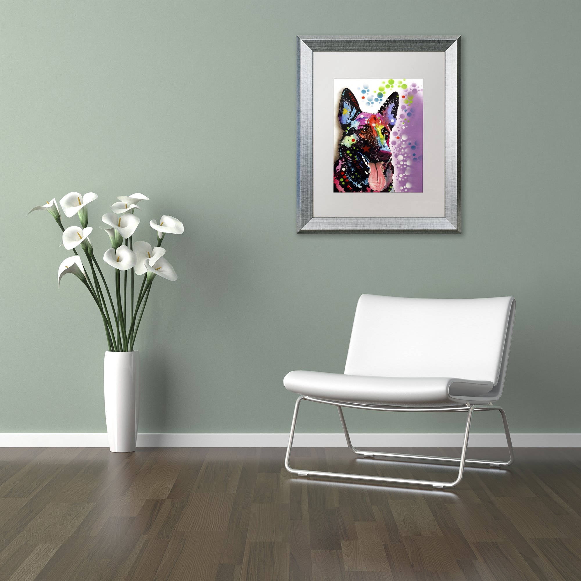 Trademark Fine Art "German Shepherd II" Canvas Art by Dean Russo, White Matte, Silver Frame