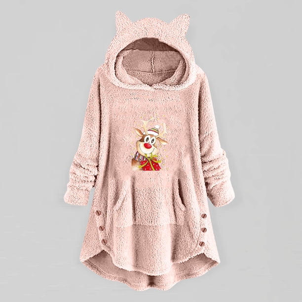 Puntoco Mujer Casual Navidad Impresión Felpa Botones Manga Larga Con Capucha Felpa Abrigo top Selecciones Flash Puntoco Puntoco-5428