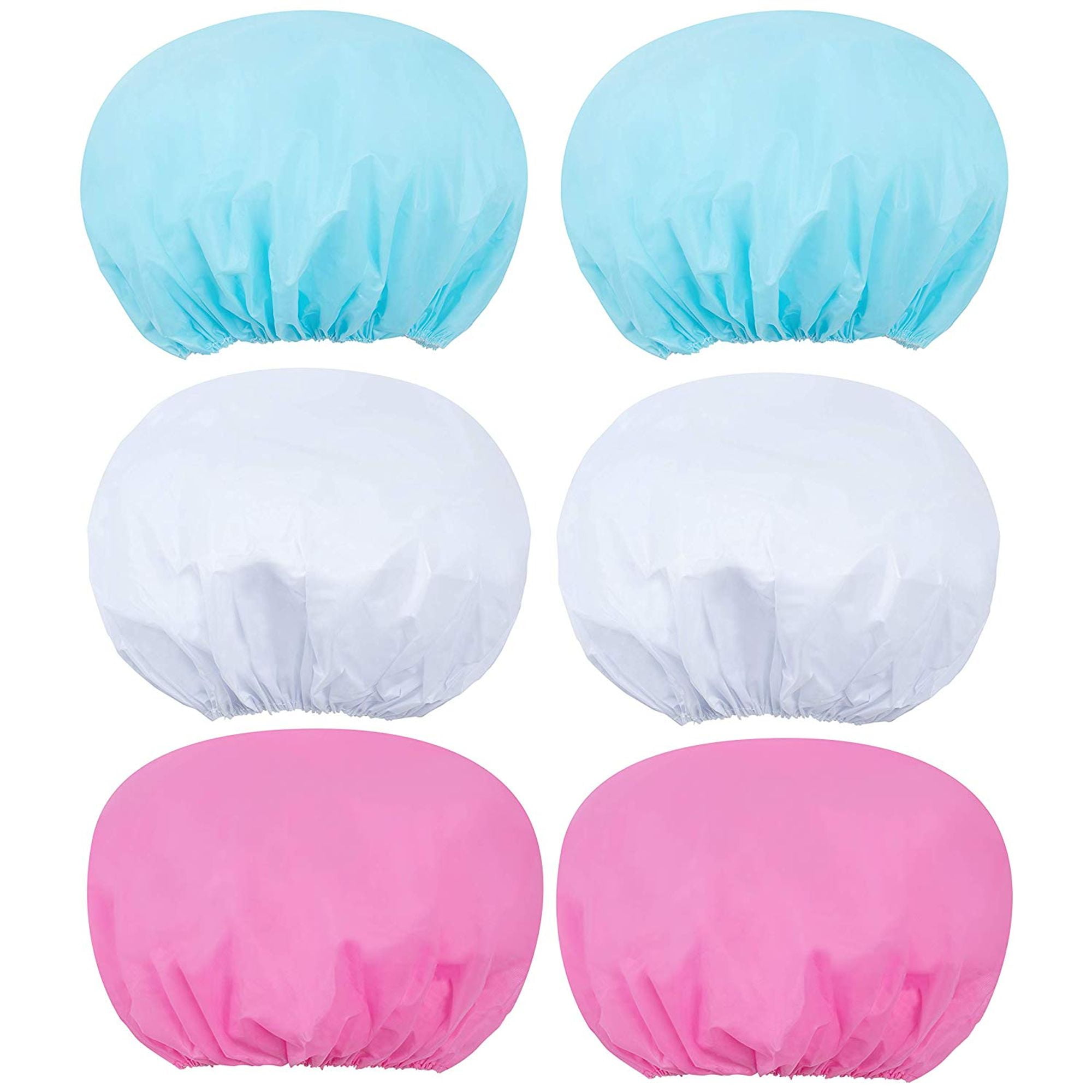 6Pack Bouffant Bath Shower Caps with Inner Satin Lining White, Blue