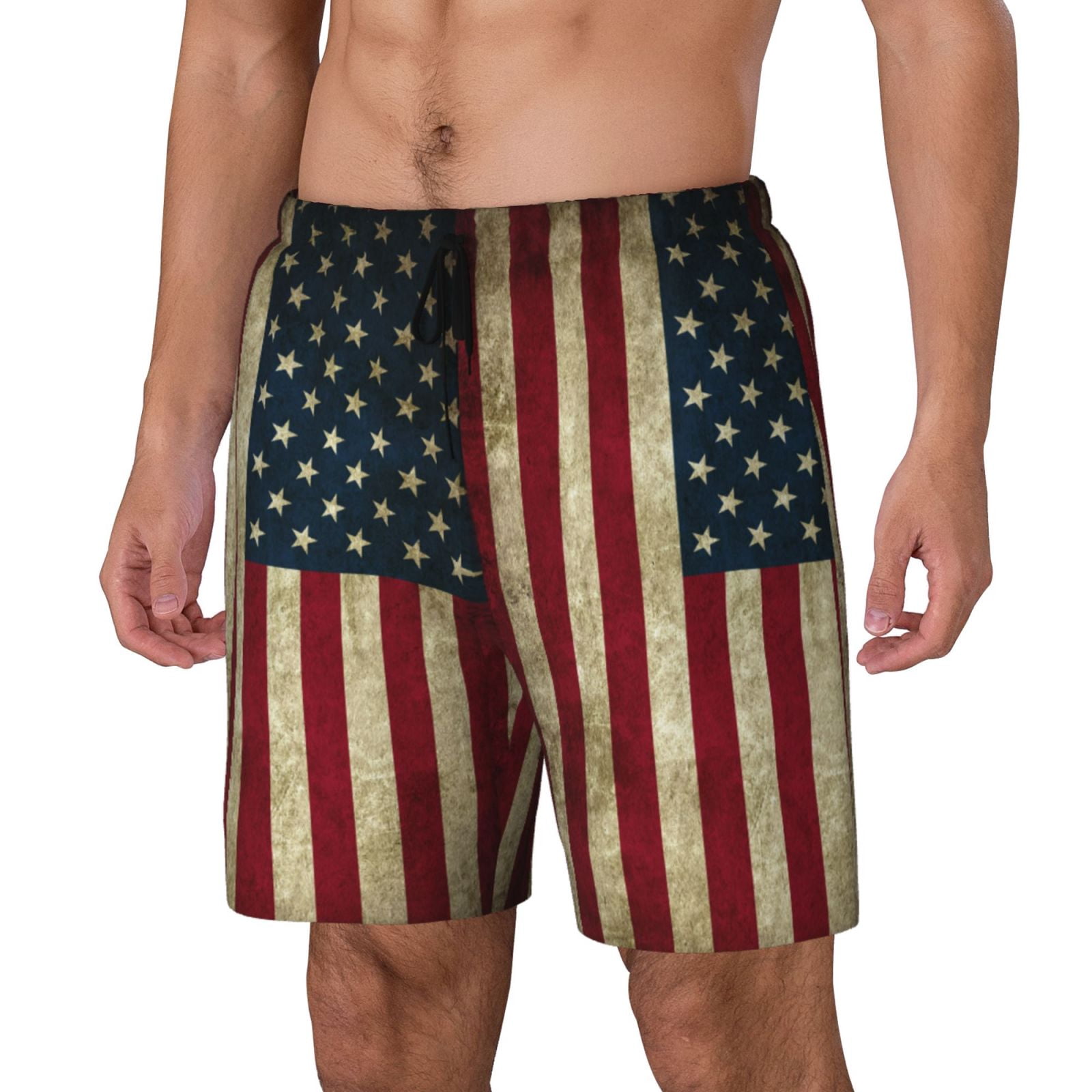 Men's Retro Old America Flag Swim Trunks with Compression Liner Bathing Suit Swimwear