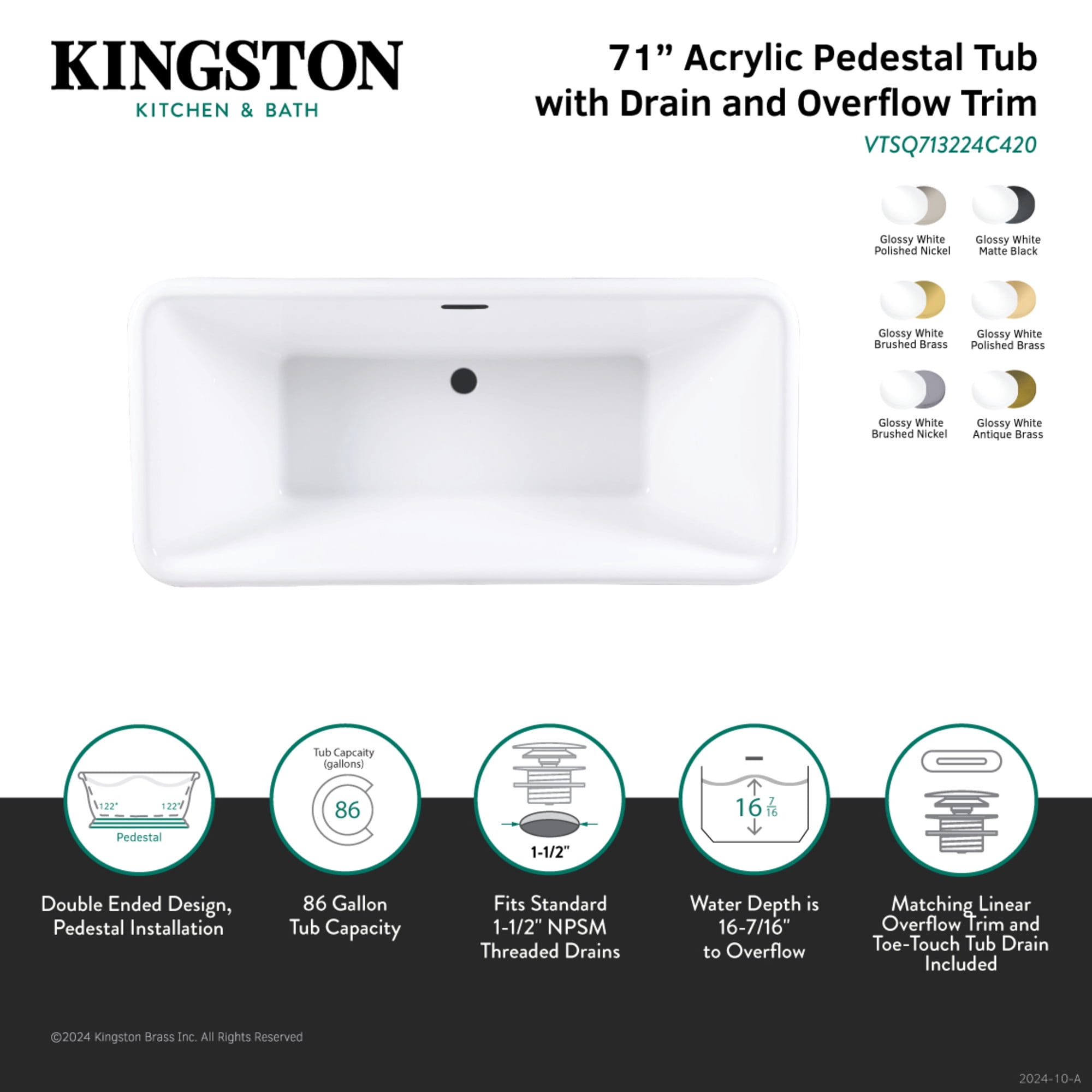 Kingston Brass VTSQ713224C427 71-Inch Acrylic Oval Rectangular Double Ended Pedestal Tub with Drain (No Faucet Drillings) in Glossy White/Brushed Brass