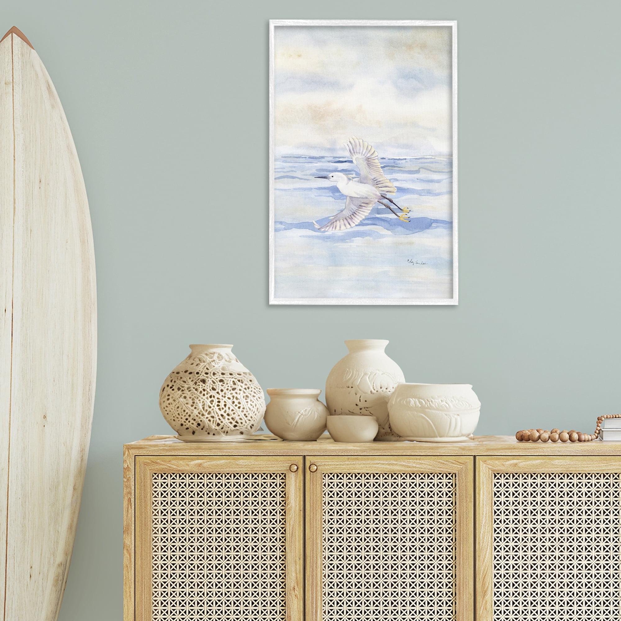 Stupell Industries Flying Heron Over Water Landscape Painting White Framed Art Print Wall Art, 20 x 30