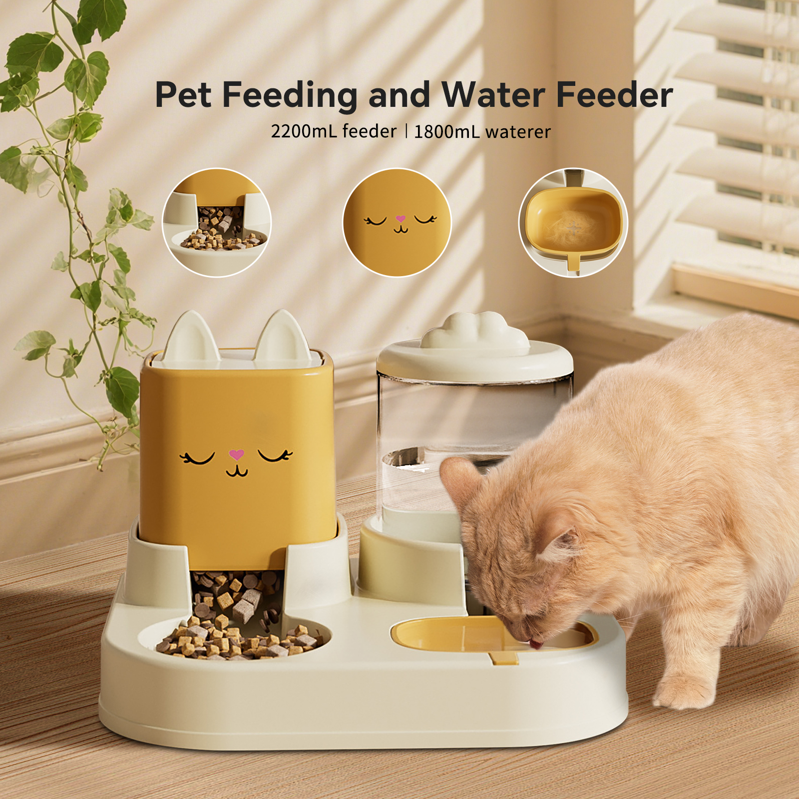 Automatic Cat Feeder and Water Dispenser, 2 in 1 Cat Food Bowl with Self-Refilling Water Bottle, Dry & Wet Separation, Non-Slip Feeding Station, Yellow