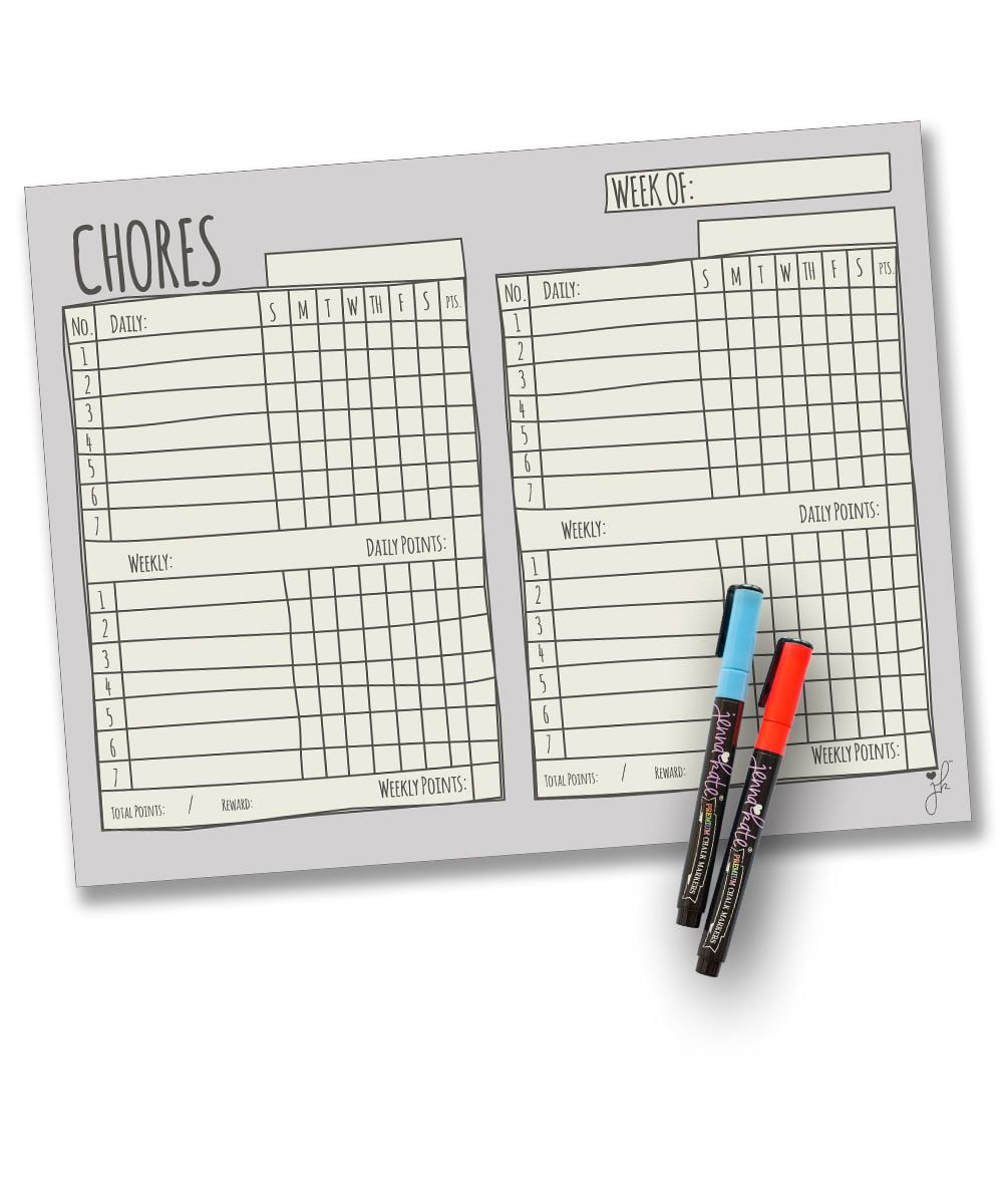 Jennakate Gray Magnetic Multiple Child Behavior Reward Chore Chart- Job Chart - 2 Dry Erase Chalk Markers