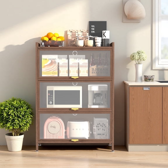 44'' Metal 3 Flip Doors Storage Cabinet for Bedroom, Office, Living Room, Walnut