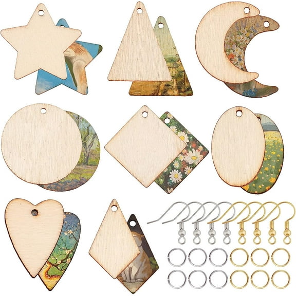 DIY Geometry Earring Making Kit Including Teardrop & Oval & Rhombus & Heart & Star Natural Wood Pendants Brass Earring Hooks Antique White 520Pcs/bag