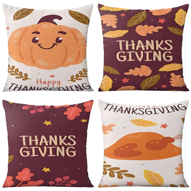 Cute Pumpkin Decorative Pillows Set Of 4, Linen Thanksgiving Throw Pillow Covers Home Decor