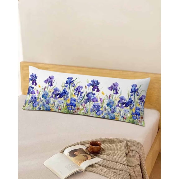 Blue Spring Floral Long Body Pillow Covers, Watercolor Flowers Summer PlantsSoft Throw Pillow Cases with Invisible Zipper, Decorative Pillowcase Pillows Protectors for Sofa Bed Couch 20"x60"