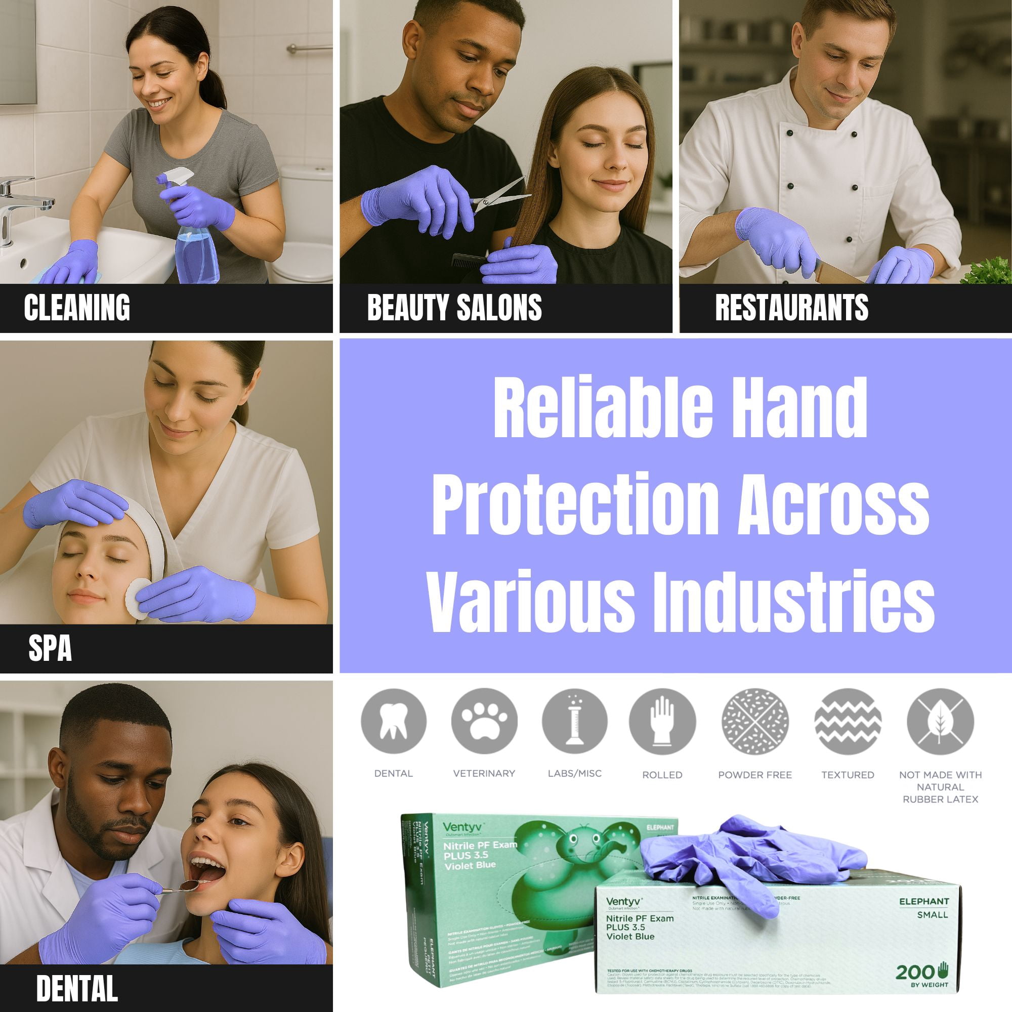 Ventyv Nitrile Exam Gloves – Violet Blue, 3.5 mil, Small – Latex-Free, Powder-Free – 2000 Gloves (10 Boxes of 200)