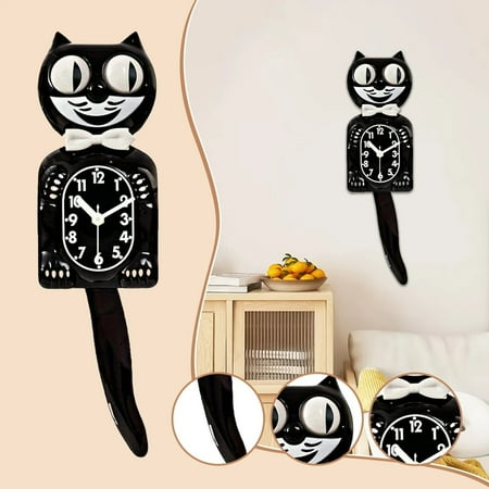 Iconic Cat Clock Classic - Cat Clock with Moving Eyes and Tail, Battery Operated Wall Clock, Modern Clock, Retro Analog Wall Clock for Gift Decor Black