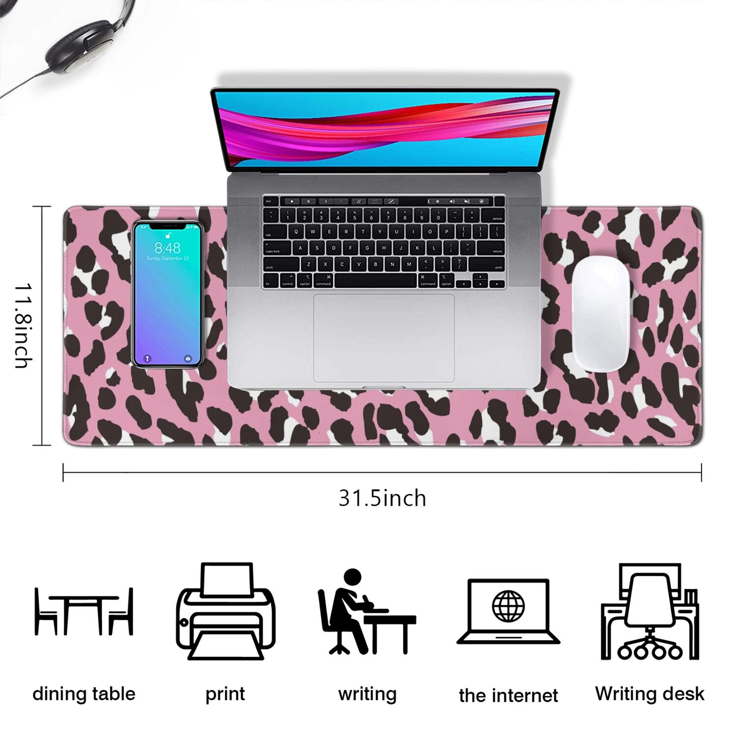 Long Mouse Pads for Desk,Pink and Black Of Leopard Print Desk Mats on Top Of Desks, Desk Mouse Pad Extra Large with 3mm Non-Slip Base and Stitched Edge for Gaming,Office,Work,Home 31.5"x11.8"