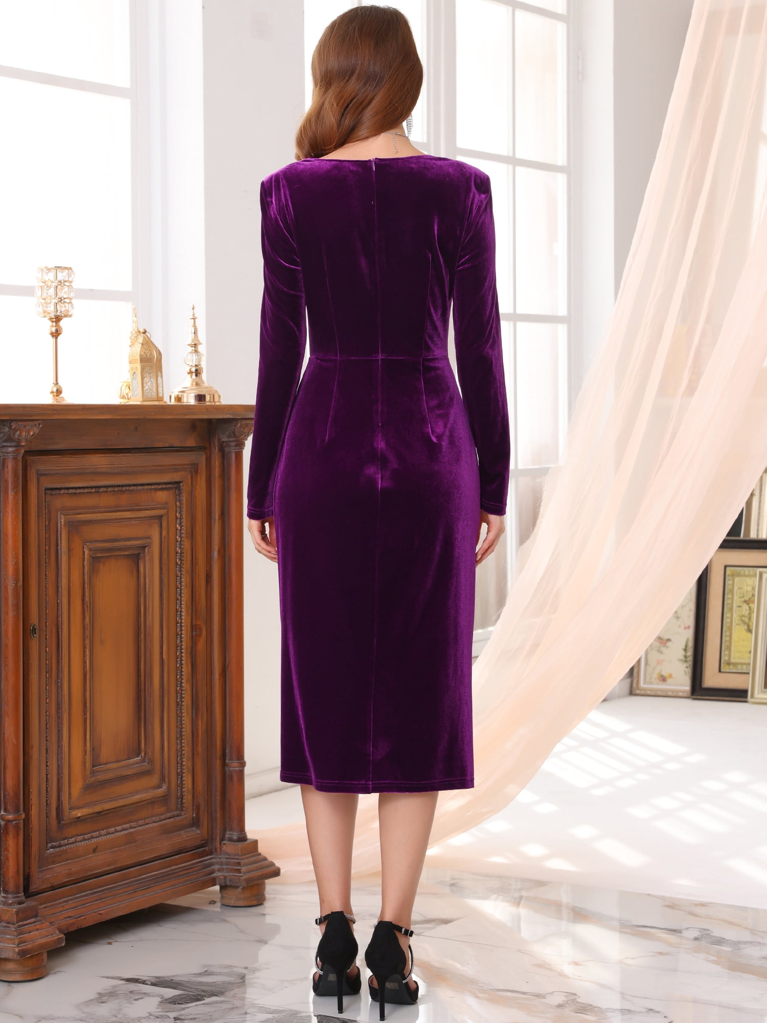DARING DIVA Women's Formal Ruched Sequin Neck Cocktail Velvet Dress L Purple