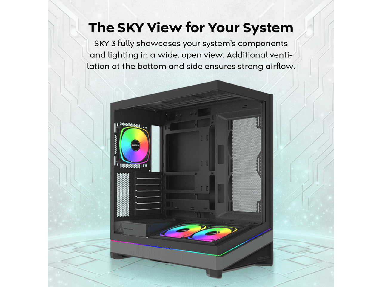 MONTECH SKY 3 ATX PC Case, Panoramic Glass, Adjustable Airflow, Personalized Design, 360mm Radiator Support, 3x120mm ARGB PWM Fans Pre-Installed, Compact Build for Next-Gen GPU, Black (SKY3B)