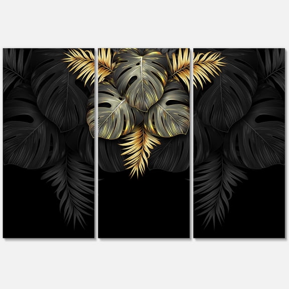 Designart ' Gold and Black Tropical Leaves IV ' Modern Canvas Wall Art Print