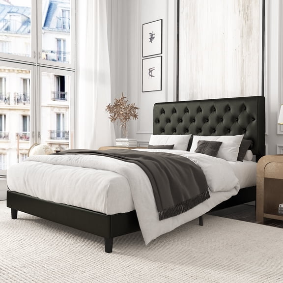 Amolife Queen Faux Leather Upholstered Platform Bed Frame with Adjustable Headboard, Diamond Button Tufted Style, Black