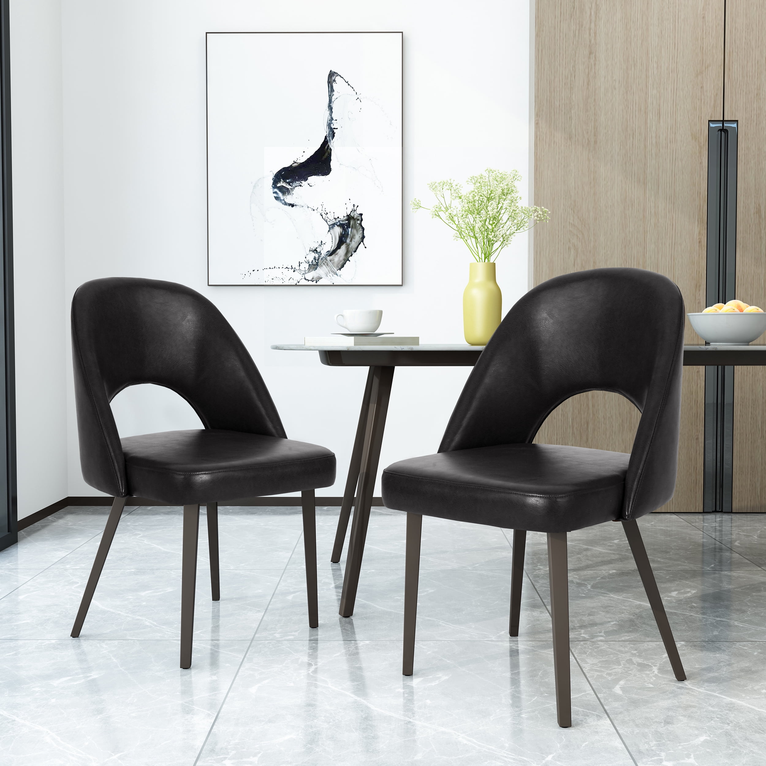 Noble House Haynes Upholstered Open Back Dining Chairs, Set of 2, Midnight Black and Gun Metal