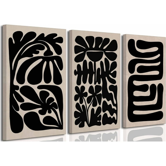 3 Pcs Boho Abstract Floral Canvas Wall Art Mid Century Modern Minimalist Black Neutral Flower Botanical Picture Wall Decor Poster Print Artwork for Living Room Bedroom Home Decoration Und