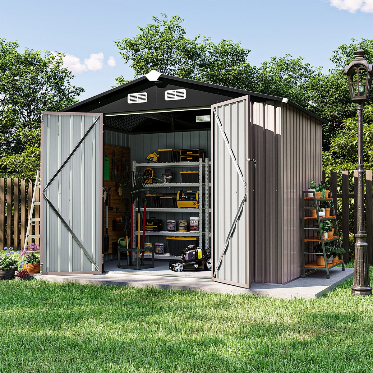 GVDV Metal Shed, 8 x 6 ft Metal Outdoor Storage Shed with Updated Frame, Lockable Doors & Waterproof, Brown
