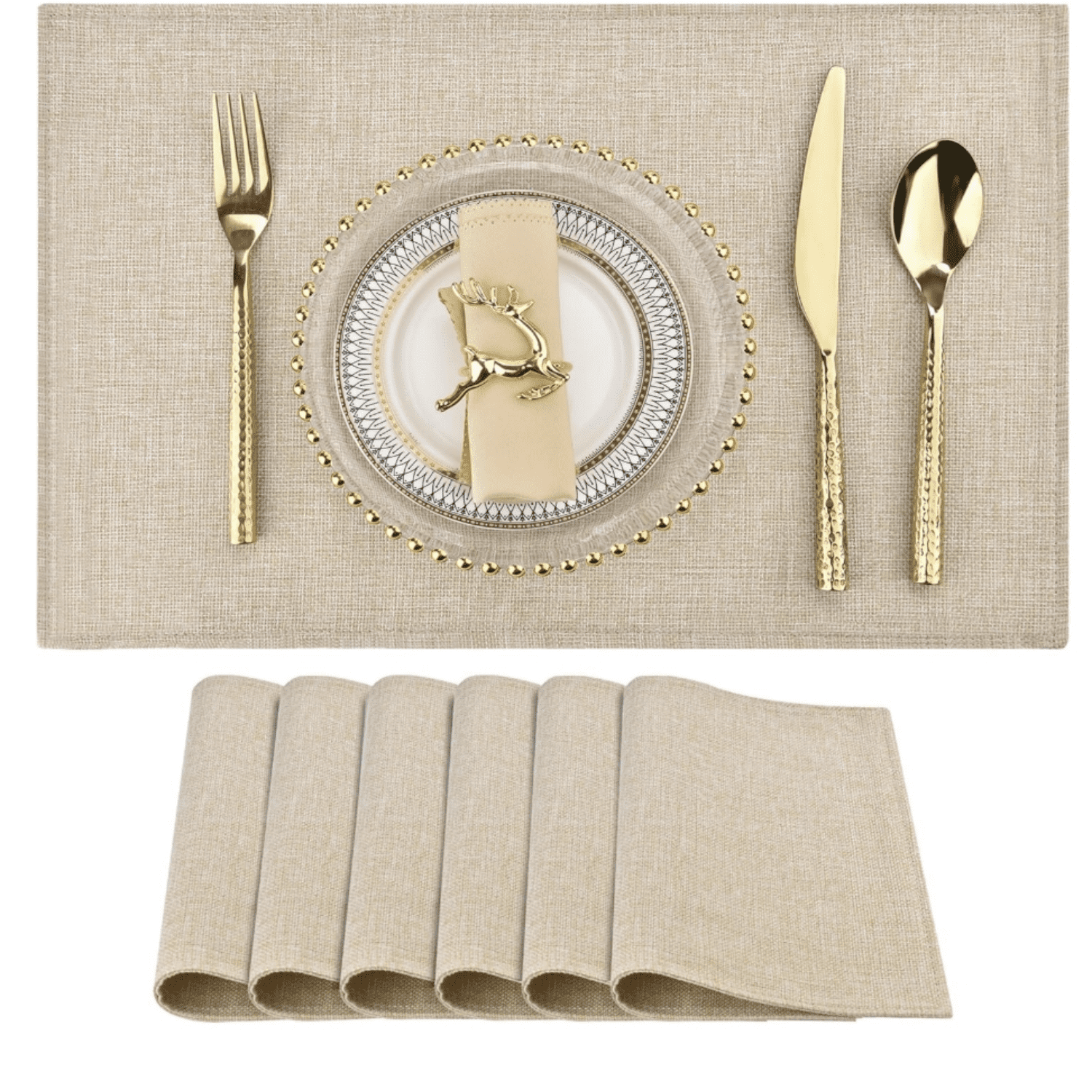 Beige Cloth Placemats Set of 6 - Easy to Clean Fabric Table Placemats - Mac Placemats - Heat Resistant Non-Slip Table Mats (Beige, 6)
