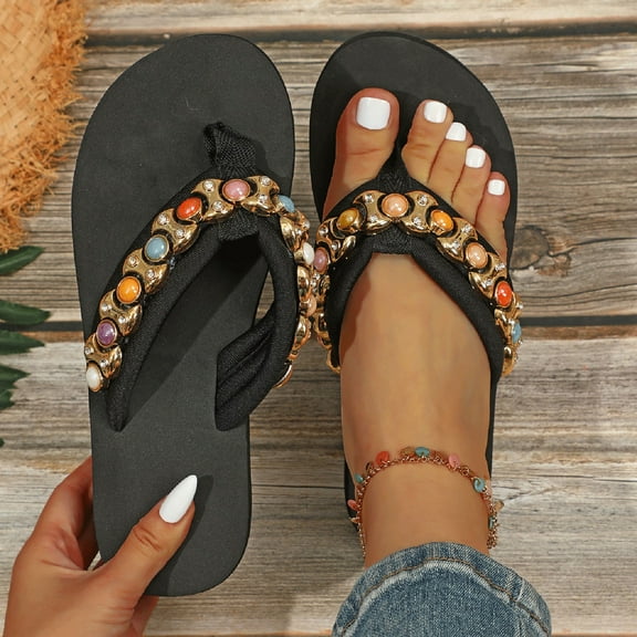 XIMIN Women’s Wedge High Heel Sandal Thong Platform Flip Flops Glitter Sparkly Rhinestone Comfortable Anti-Slip Beach Walking Sandals (6.5, Black)