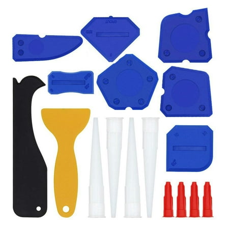 Adhesive Caulk Remover - 17 Pieces Caulking Tool Kit Silicone Sealant Finishing Tool Grout Scraper Caulk Remover and Caulk Nozzle and Caulk Caps (Blue)