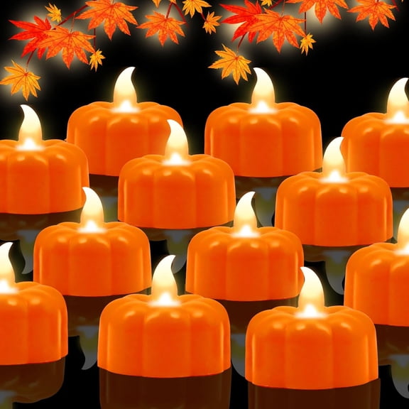 AURENIX Pumpkin Tea Lights Fall Decorations for Home, 12 Pack LED Orange Pumpkin Lights FlameLess Candles Battery Operated Thanksgiving Flickering Tealights Candles