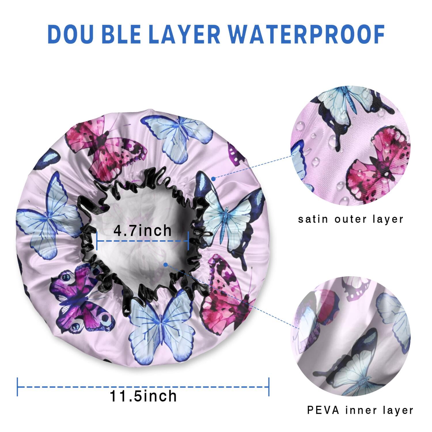 Shower Caps,Pink Butterfly Pattern Waterproof Shower Cap for Women 4 Pieces,Double Reusable Hair Cover for Shower PEVA Elastic Stretch Hem